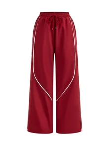 SHEIN Cheerettes 女款純色彈性腰抽繩設計時尚運動寬鬆長褲 - 紅色 - 查看 4