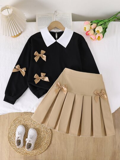 Conjunto de 2 piezas para niñas preadolescentes, sudadera de manga larga con cuello a cuadros negros y falda plisada, ropa para volver a la escuela, estilo preppy lindo para otoño fuera del campus