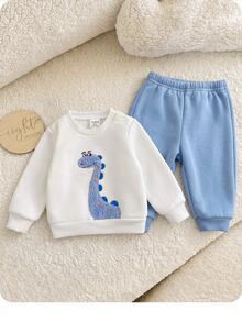 SHEIN Newborn Baby Cute Cartoon Applique Embroidery Sweatshirt And Elastic Waist Long Autumn Winter Pants Set - White - View 8
