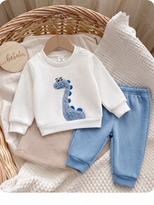 SHEIN Newborn Baby Cute Cartoon Applique Embroidery Sweatshirt And Elastic Waist Long Autumn Winter Pants Set - White - View 5