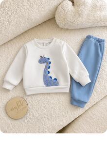 SHEIN Newborn Baby Cute Cartoon Applique Embroidery Sweatshirt And Elastic Waist Long Autumn Winter Pants Set - White - View 9