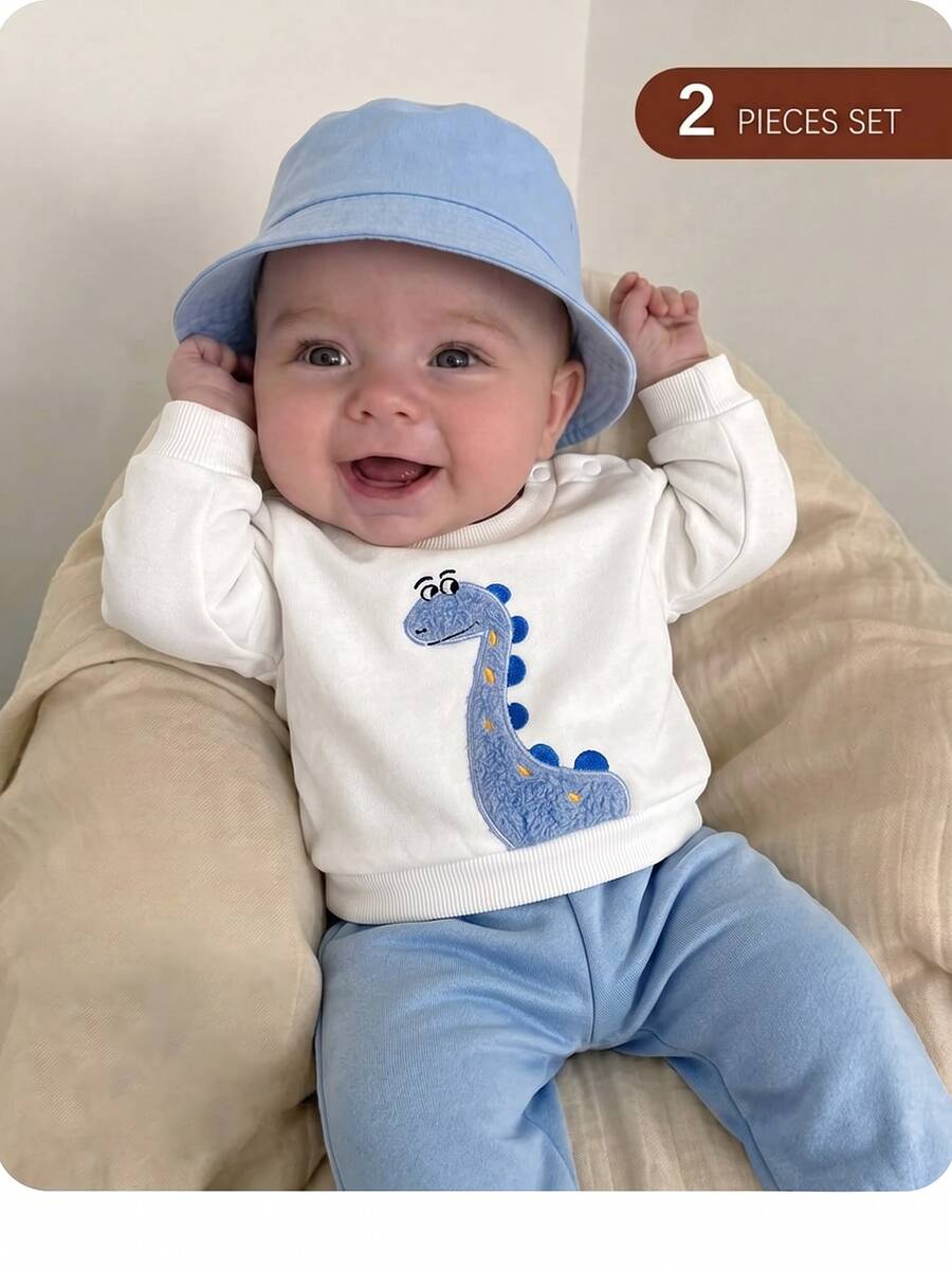 SHEIN Newborn Baby Cute Cartoon Applique Embroidery Sweatshirt And Elastic Waist Long Autumn Winter Pants Set - White - View 1