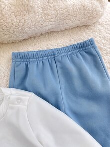 SHEIN Newborn Baby Cute Cartoon Applique Embroidery Sweatshirt And Elastic Waist Long Autumn Winter Pants Set - White - View 7