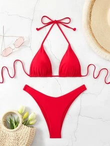 Swim Basics 2件組女款純色掛脖綁帶性感比基尼泳衣套裝，夏季海灘 - 紅色 - 查看 7