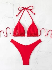 Swim Basics 2件組女款純色掛脖綁帶性感比基尼泳衣套裝，夏季海灘 - 紅色 - 查看 3