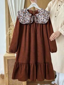 SHEIN 1pc Girls Vintage Mori Style Campus Outing Autumn Dress, Floral Patchwork Large Lapel Tie Petal Sleeve Ribbed Fabric Ruffle Hem Mid-Length Dress - Brown - View 4