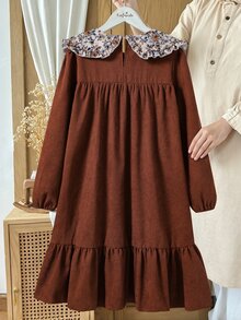 SHEIN 1pc Girls Vintage Mori Style Campus Outing Autumn Dress, Floral Patchwork Large Lapel Tie Petal Sleeve Ribbed Fabric Ruffle Hem Mid-Length Dress - Brown - View 2