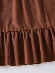 SHEIN 1pc Girls Vintage Mori Style Campus Outing Autumn Dress, Floral Patchwork Large Lapel Tie Petal Sleeve Ribbed Fabric Ruffle Hem Mid-Length Dress - Brown - View 6