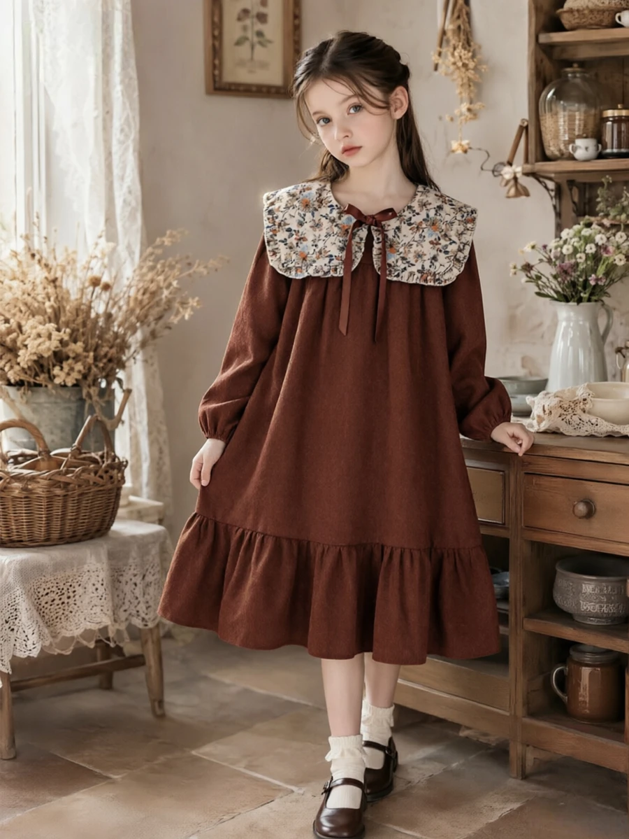 SHEIN 1pc Girls Vintage Mori Style Campus Outing Autumn Dress, Floral Patchwork Large Lapel Tie Petal Sleeve Ribbed Fabric Ruffle Hem Mid-Length Dress - Brown - View 1