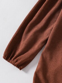 SHEIN 1pc Girls Vintage Mori Style Campus Outing Autumn Dress, Floral Patchwork Large Lapel Tie Petal Sleeve Ribbed Fabric Ruffle Hem Mid-Length Dress - Brown - View 7