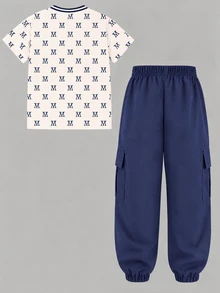 SHEIN Boys 2Pcs Outfit: Striped Horse Print Tee & Cargo Pants, Black Brown Contrast, Round Neck Short Sleeve - Multicolor - View 3