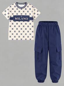 SHEIN Boys 2Pcs Outfit: Striped Horse Print Tee & Cargo Pants, Black Brown Contrast, Round Neck Short Sleeve - Multicolor - View 2