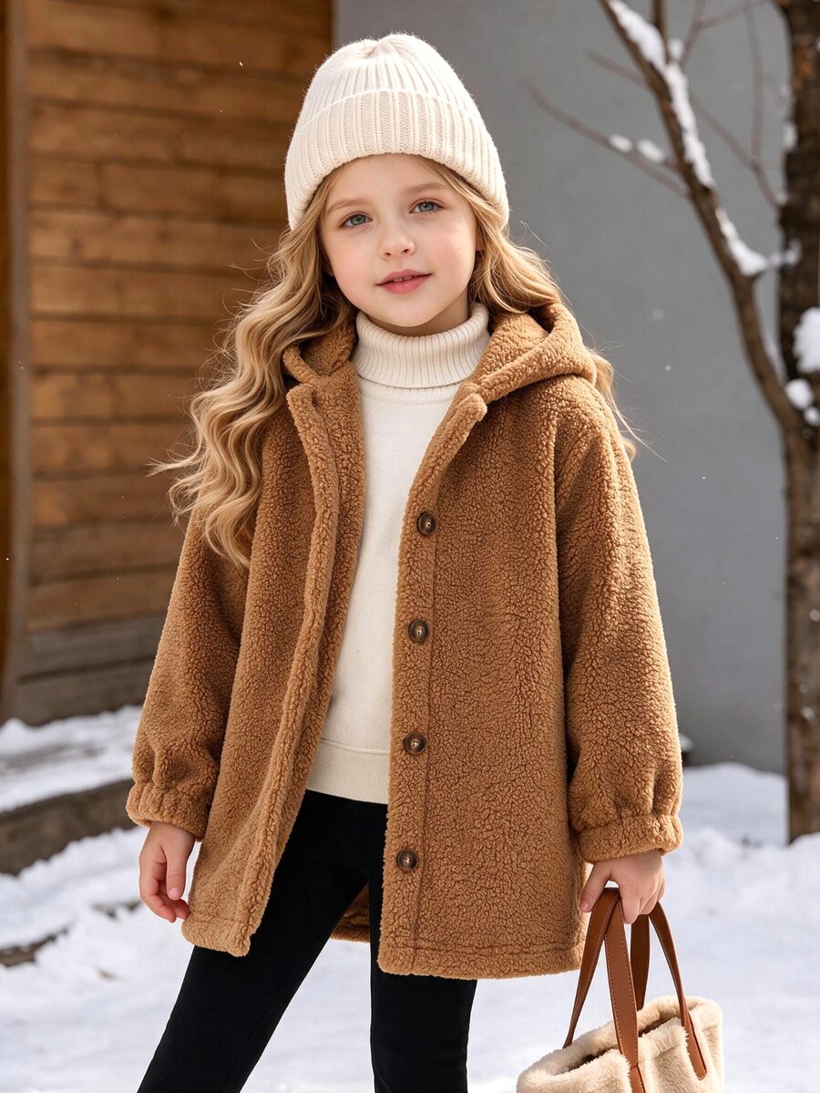 SHEIN Young Girl Fall Style Teddy Coat, Brown Hooded Button Front Fleece Jacket For Autumn Winter, Casual Daily School Outfit