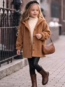 SHEIN Young Girl Fall Style Teddy Coat, Brown Hooded Button Front Fleece Jacket For Autumn Winter, Casual Daily School Outfit - Brown - View 6
