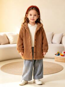 SHEIN Young Girl Fall Style Teddy Coat, Brown Hooded Button Front Fleece Jacket For Autumn Winter, Casual Daily School Outfit - Brown - View 5
