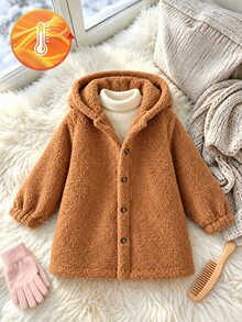 SHEIN Young Girl Fall Style Teddy Coat, Brown Hooded Button Front Fleece Jacket For Autumn Winter, Casual Daily School Outfit - Brown - View 7