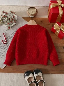 SHEIN Girls' Red Hand-Embroidered Happy Word Embroidered Knit Sweater, Autumn/Winter Pullover, Handmade Bowknot, Cute Elegant Casual Wavy Pattern Soft Versatile Base Layer, Suitable For Play, Daily Outings, School, Christmas Wear - Red - View 2