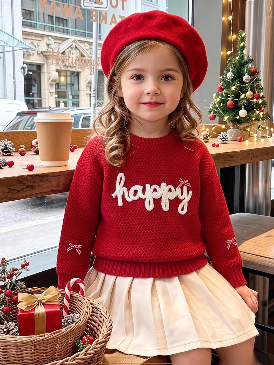 SHEIN Girls' Red Hand-Embroidered Happy Word Embroidered Knit Sweater, Autumn/Winter Pullover, Handmade Bowknot, Cute Elegant Casual Wavy Pattern Soft Versatile Base Layer, Suitable For Play, Daily Outings, School, Christmas Wear - Red - View 1