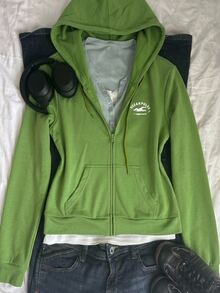 DAZY Áo hoodie nỉ nữ tay dài in chữ, khóa kéo trước, có dây rút, mũ trùm đầu, mùa thu - màu xanh lá - Xem 2