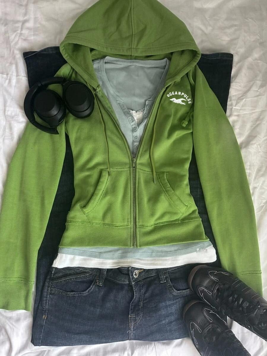DAZY Áo hoodie nỉ nữ tay dài in chữ, khóa kéo trước, có dây rút, mũ trùm đầu, mùa thu - màu xanh lá - Xem 1