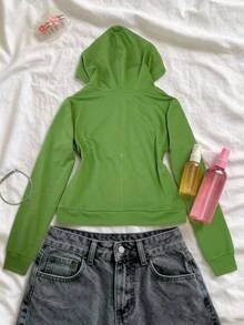 DAZY Áo hoodie nỉ nữ tay dài in chữ, khóa kéo trước, có dây rút, mũ trùm đầu, mùa thu - màu xanh lá - Xem 3