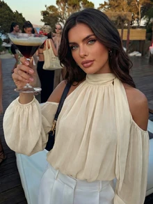 Avenya Women's Solid Color Cold Shoulder Casual Mature Elegant Versatile Daily Wear Blouse Party Night Dinner Pale Yellow Fall - Light Yellow - View 4