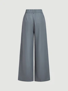 SHEIN MOD Slate Blue Mid-Waist Slightly Wide Leg Long Suit Pants With Pockets Office Business Work Summer Casual - Grey - View 6