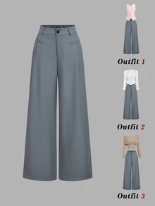 SHEIN MOD Slate Blue Mid-Waist Slightly Wide Leg Long Suit Pants With Pockets Office Business Work Summer Casual - Grey - View 1