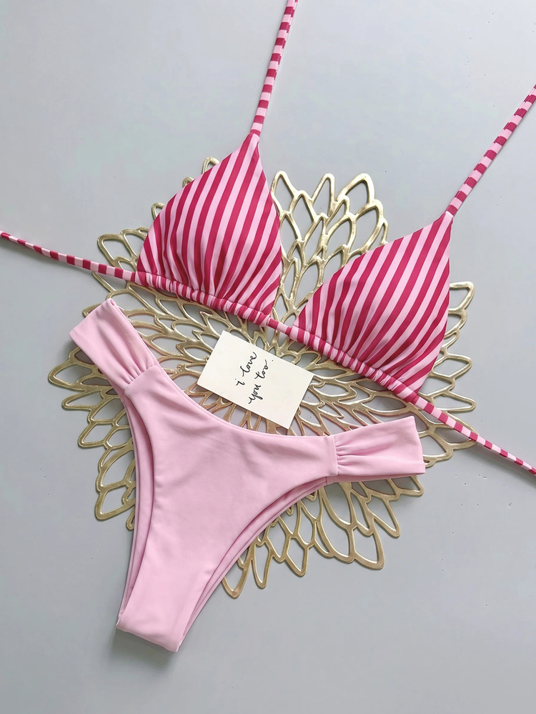 SHEIN Swim Spring/Summer Vacation Beach Striped Halter Tie Tank Top And Triangle Bikini Bottom Bikini Set Set - Multicolor - View 4