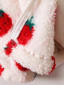 SHEIN 女童可愛厚絨連帽外套，單件，可愛草莓圖案，毛絨面料，連帽附可愛熊耳裝飾，白色前拉鍊，長袖，柔軟舒適面料，適合女童，可愛甜美俏皮休閒時尚穿搭，適合日常穿著、上學、外出、度假、派對，秋冬季 - 紅白色 - 查看 7