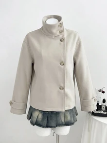 Elamini 女款秋季米色羊毛混紡高領前扣長袖寬鬆短版夾克，學院風經典優雅通勤辦公職場休閒外套 - 杏色 - 查看 4