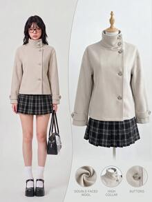 Elamini 女款秋季米色羊毛混紡高領前扣長袖寬鬆短版夾克，學院風經典優雅通勤辦公職場休閒外套 - 杏色 - 查看 1