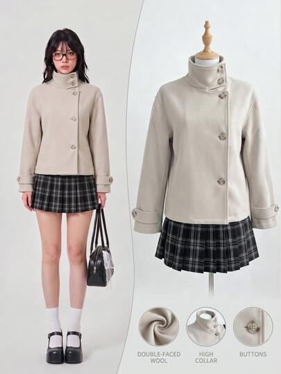 Elamini Women's Autumn/Winter Gray Wool Blend High Neck Button-Front Long Sleeve Loose Short Jacket,. Preppy Style For Commute, Office, Workplace, Outing