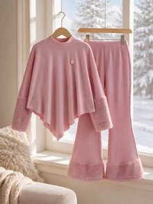 Big Girls Soft Pink Knit Co‑Ord Set Flower‑Form Pearl Embellishment Asymmetrical Hem Top Fuzzy Cuffed Flared Pants Daily Winter Two‑Piece Outfit - Pink - View 1