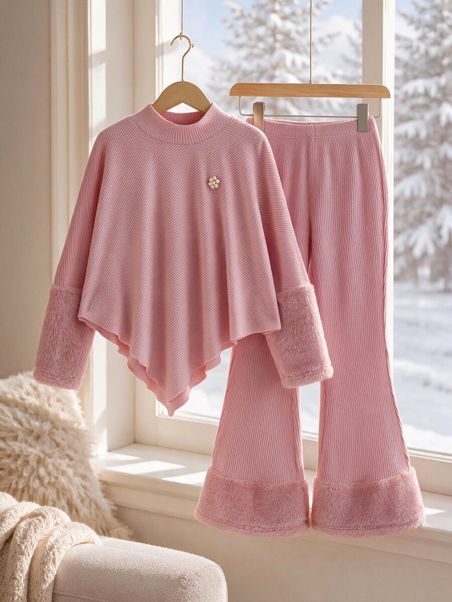 Big Girls Soft Pink Knit Co‑Ord Set Flower‑Form Pearl Embellishment Asymmetrical Hem Top Fuzzy Cuffed Flared Pants Daily Winter Two‑Piece Outfit - Pink - View 1