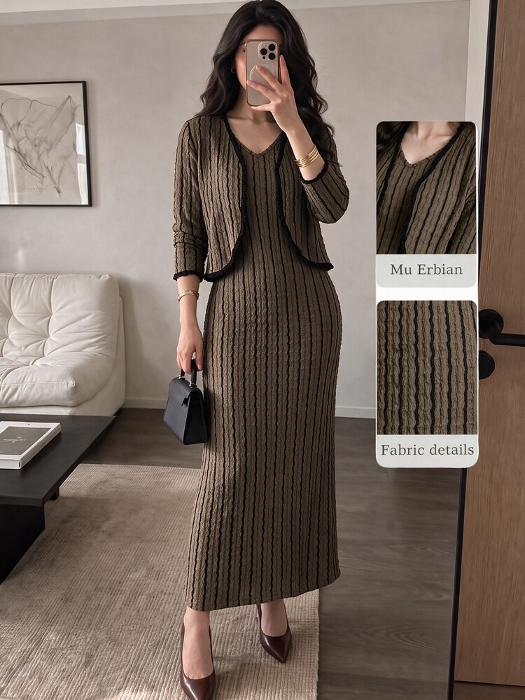 Modelyn Women's Color Block Cardigan And Dress Casual Set - Apricot - View 9