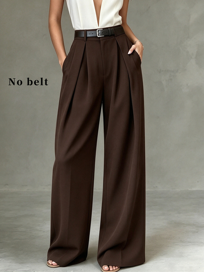 SHEIN Maillard Brown High-Waisted Wide Leg Pants, Pleated Drape Suit Trousers, French Vintage Solid Color Loose Floor-Length Wide Leg Pants, All-Season Versatile Pleated Design For Office Commute, Meetings, Business, Teacher Suit Pants, Elegant, Vacation, Holiday, Outing All-Match Coffee Color Spring Autumn Winter Long Pants