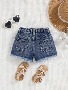SHEIN 年轻女孩 Y2K 春夏波西米亚风牛仔短裤，水洗休闲破洞牛仔短裤 - 深色水洗藍 - 查看 2