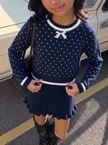 SHEIN Tween Girl Winter Knit 2 Pieces Set, Cute 3D Bow Sweater With Pleated Skirt, Elegant And Adorable - Navy Blue - View 7