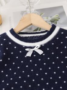 SHEIN Tween Girl Winter Knit 2 Pieces Set, Cute 3D Bow Sweater With Pleated Skirt, Elegant And Adorable - Navy Blue - View 6