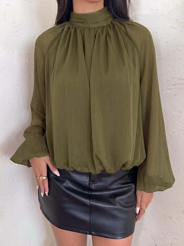 Aloruh Women's Elegant Burgundy Autumn Office Blouse,Solid Color Stand Collar Raglan Lantern Sleeve Pleated Fashion Homecoming Top Long-Sleeved Shirt - Army Green - View 5