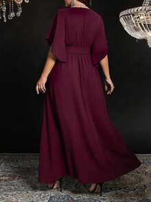 SHEIN CURVE+ Plus Size Women's Solid Color Fitted V-Neck Flare Sleeve Tie Waist Ruched Slit Elegant Party Maxi Dress - Red Violet - View 2