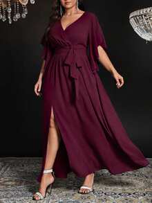 SHEIN CURVE+ Plus Size Women's Solid Color Fitted V-Neck Flare Sleeve Tie Waist Ruched Slit Elegant Party Maxi Dress - Red Violet - View 5