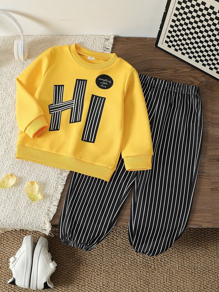 SHEIN 2pcs Young Boy Casual Sports Academy Street Style Cute Cool Wing Pattern Tricolor Striped Sweatshirt + Pants, Suitable For Daily Wear, School, Travel, Sports, Spring And Autumn Seasons, Overall Design Is Simple And Elegant. Boys Wearing This Sweatshirt Set Will Feel Comfortable And Showcase A Casual Fashionable Image. - Yellow - View 2