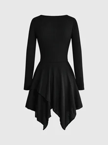 ROMWE Goth Women's Mid-Length Dress Dark Swamp Asymmetrical Hem Ribbon Foil Punk Music Festival - Black - View 9