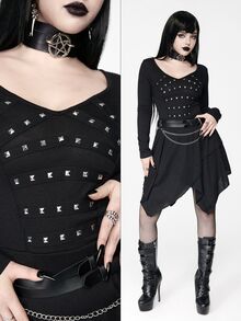 ROMWE Goth Women's Mid-Length Dress Dark Swamp Asymmetrical Hem Ribbon Foil Punk Music Festival - Black - View 12
