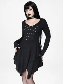 ROMWE Goth Women's Mid-Length Dress Dark Swamp Asymmetrical Hem Ribbon Foil Punk Music Festival - Black - View 3