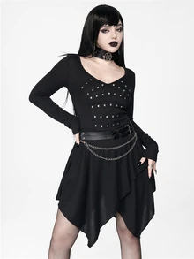 ROMWE Goth Women's Mid-Length Dress Dark Swamp Asymmetrical Hem Ribbon Foil Punk Music Festival - Black - View 5