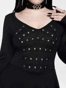 ROMWE Goth Women's Mid-Length Dress Dark Swamp Asymmetrical Hem Ribbon Foil Punk Music Festival - Black - View 4