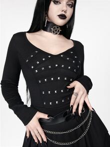 ROMWE Goth Women's Mid-Length Dress Dark Swamp Asymmetrical Hem Ribbon Foil Punk Music Festival - Black - View 6